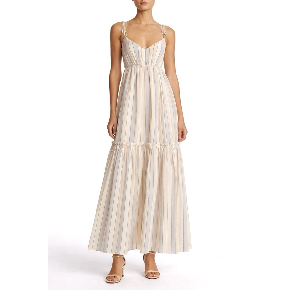 ZIMMERMANN Tiered Maxi Dress Cotton Tie Strap Natural Blue Metallic Stripe S